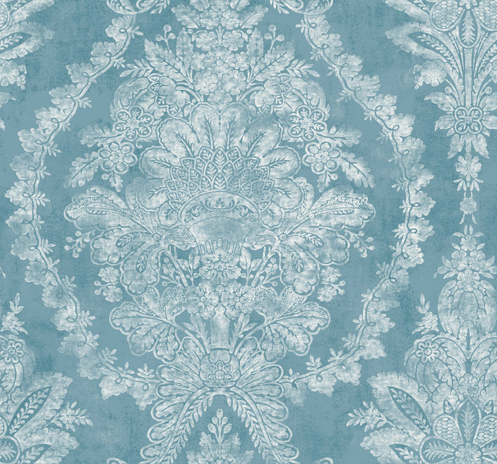 Charleston Damask Blue Wallpaper by Ronald Redding 24 Karat Covers about 60.8 square feet 27-in by 27-ft long roll Unpasted 25.25 - Fabric Carolina -