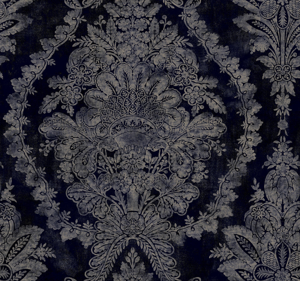 Charleston Damask Navy Wallpaper by Ronald Redding 24 Karat Covers about 60.8 square feet 27-in by 27-ft long roll Unpasted 25.25 - Fabric Carolina -