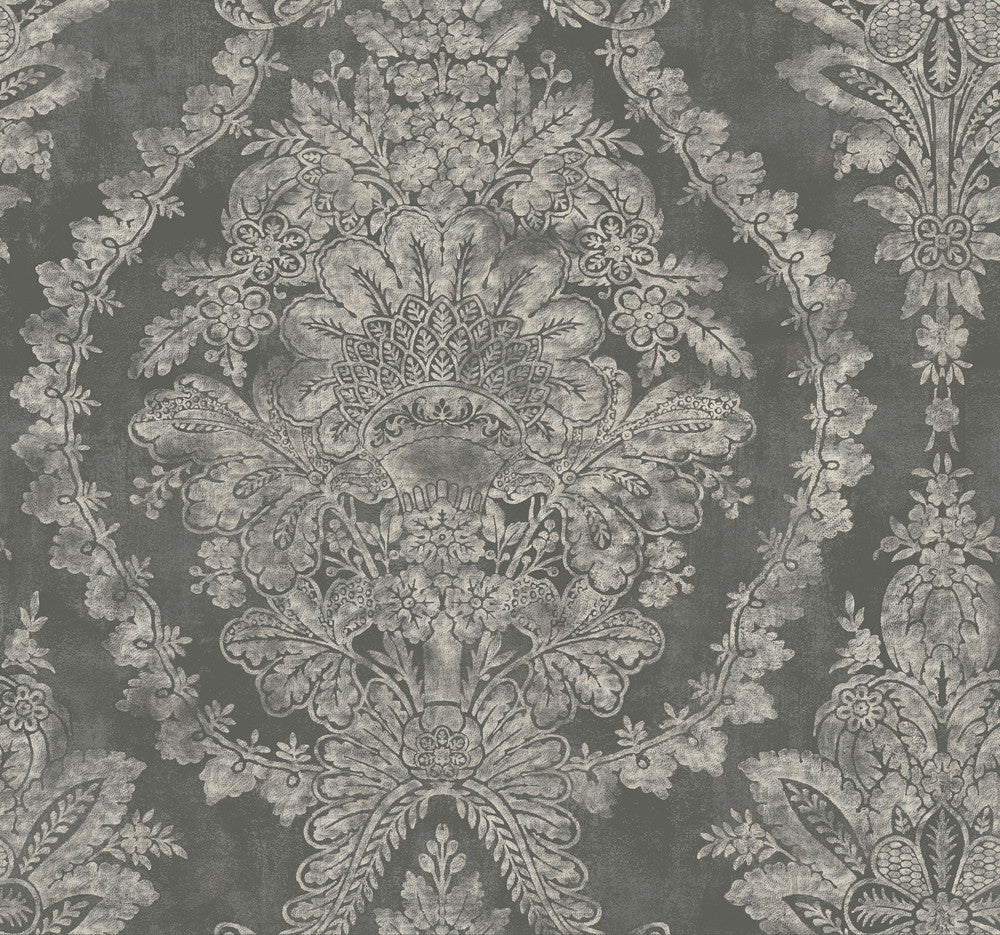 Charleston Damask Grey Wallpaper by Ronald Redding 24 Karat Covers about 60.8 square feet 27-in by 27-ft long roll Unpasted 25.25 - Fabric Carolina -