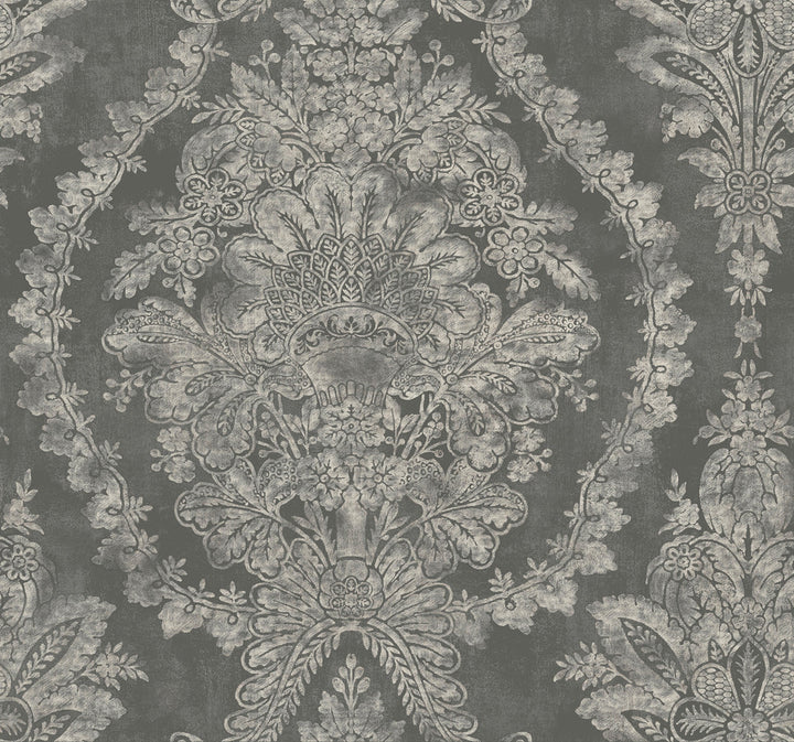 Charleston Damask Grey Wallpaper by Ronald Redding 24 Karat Covers about 60.8 square feet 27-in by 27-ft long roll Unpasted 25.25 - Fabric Carolina -