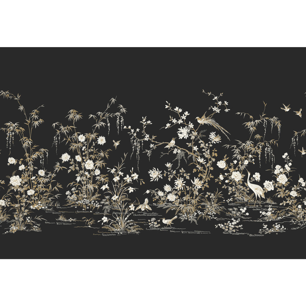 Flowering Vine Chino Black Wall Mural by Ronald Redding 24 Karat Covers 7 panels - measures 14-ft 7-in wide by 10-ft 2-in when assembled 25.25-in by 10.2-ft long roll Unpasted 0 - Fabric Carolina -