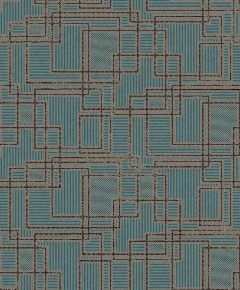 Bauhaus Cityscape Perry Teal & Warm Stone by Seabrook Wallpaper Mondrian Netherlands 56.5 12.6" 20.5" - Fabric Carolina -