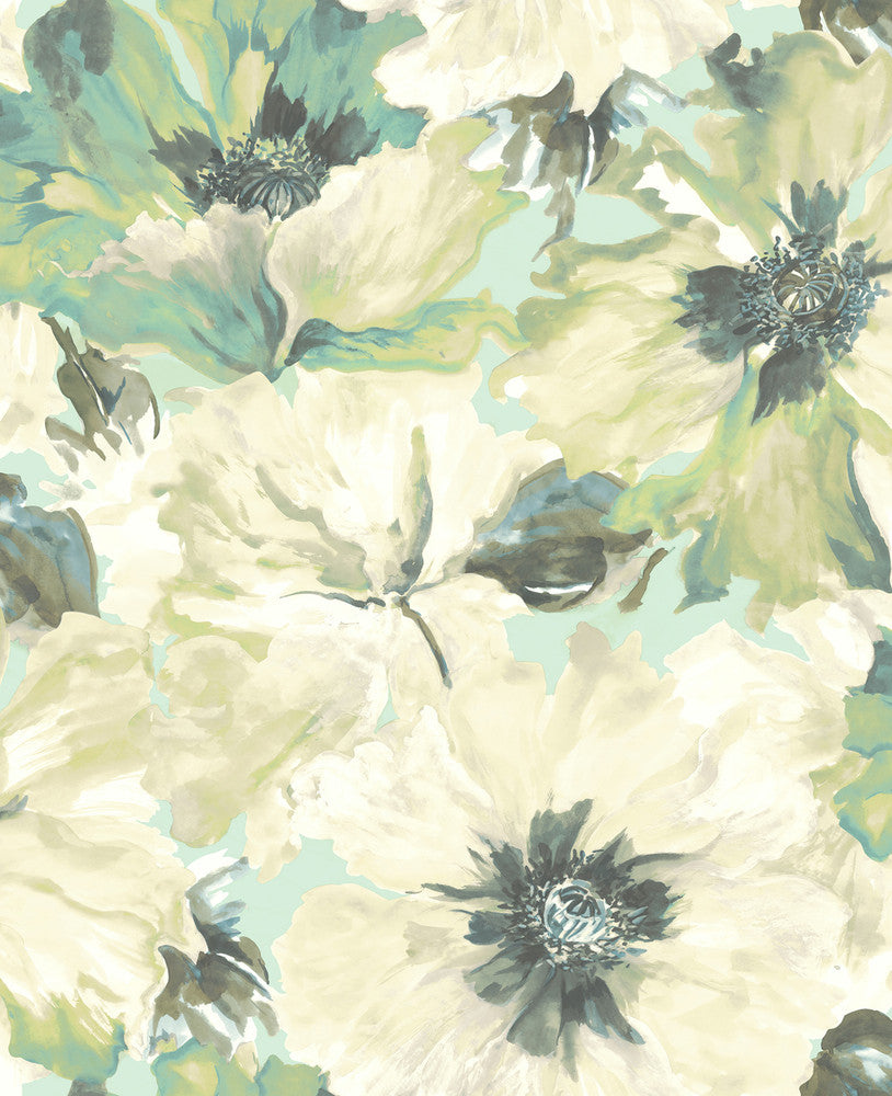 Cecita Teal, Off-White, and Green by Seabrook Wallpaper Lugano United States 56.05 25.2" 20.5" - Fabric Carolina -
