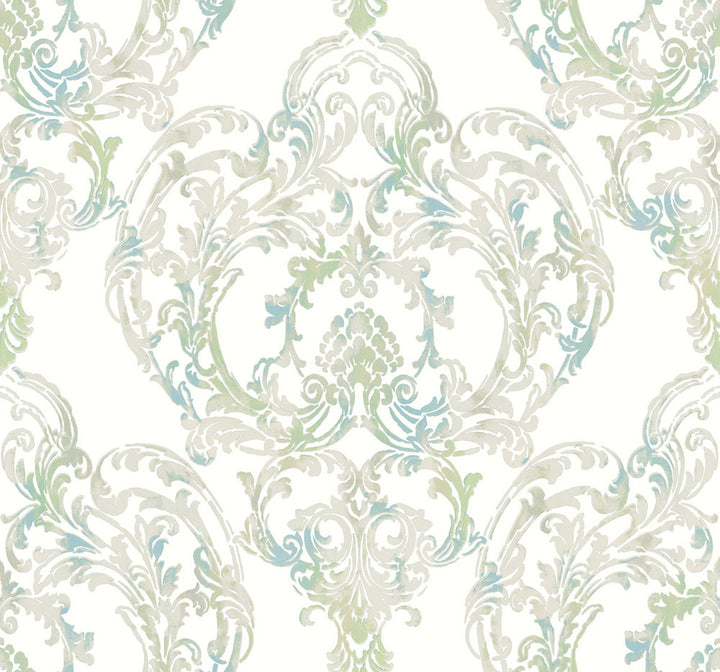 Roxen Damask Turquoise, Off-White, and Mint by Seabrook Wallpaper Lugano United States 60.75 25.2" 27" - Fabric Carolina -