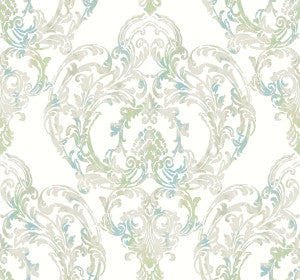 Roxen Damask Turquoise, Off-White, and Mint by Seabrook Wallpaper