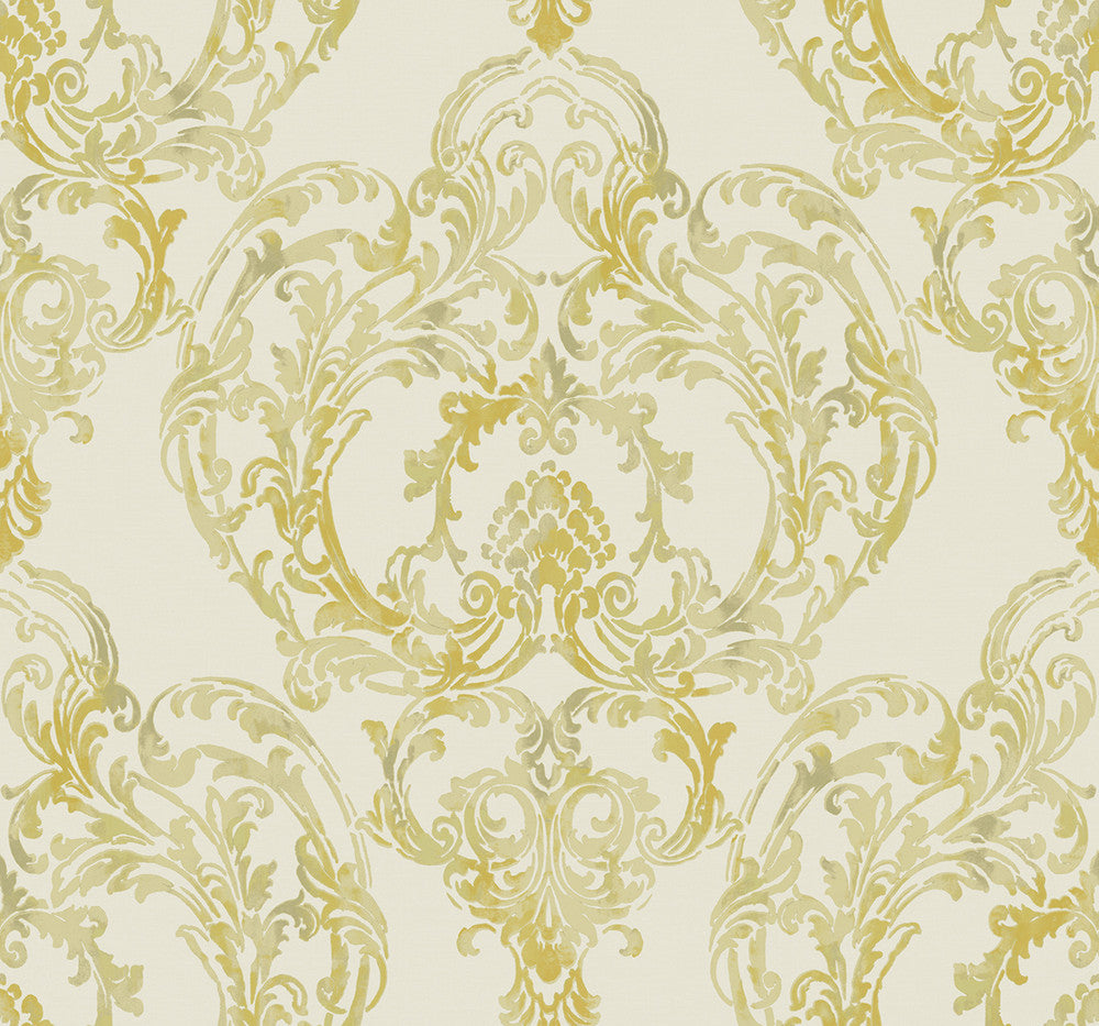Roxen Damask Off-White and Gold by Seabrook Wallpaper Lugano United States 60.75 25.2" 27" - Fabric Carolina -