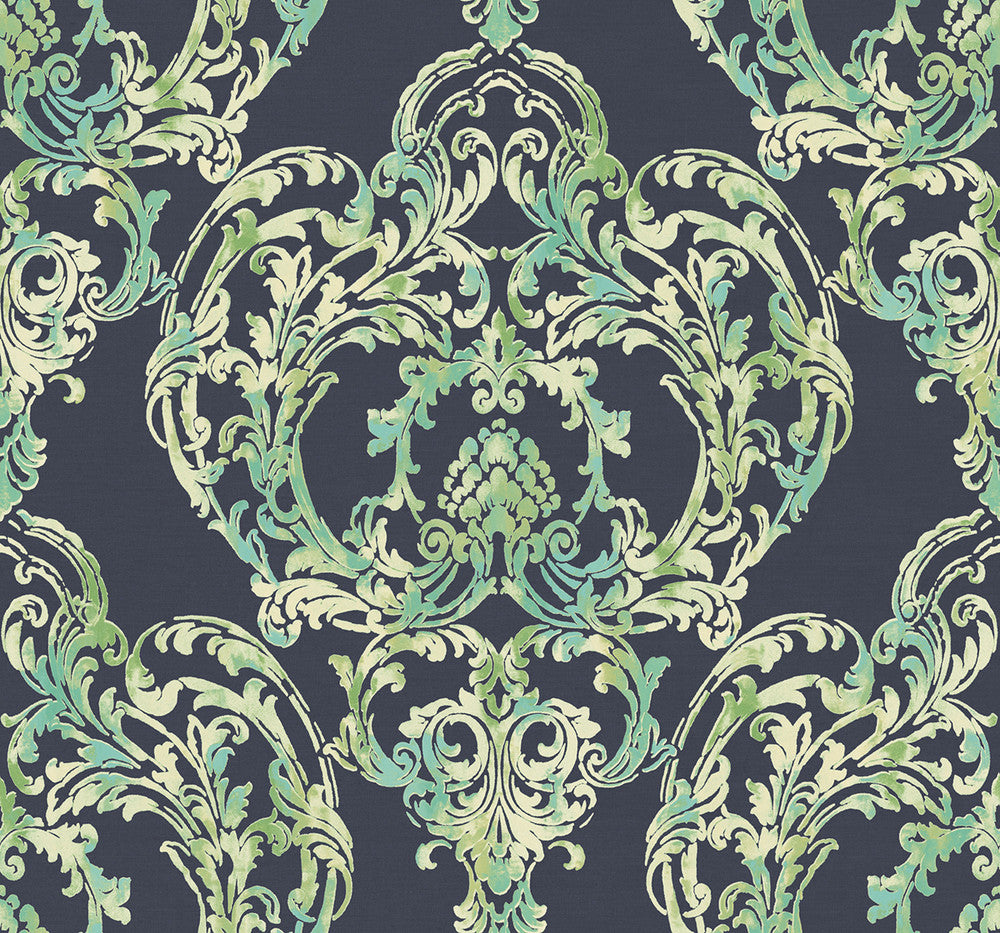 Roxen Damask Navy, Off-White, and Mint by Seabrook Wallpaper Lugano United States 60.75 25.2" 27" - Fabric Carolina -
