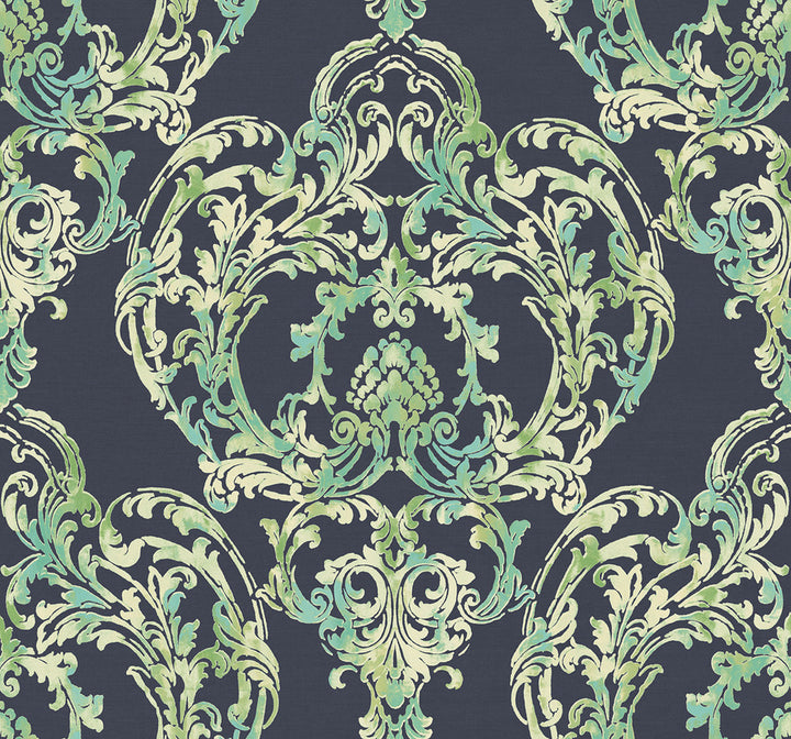 Roxen Damask Navy, Off-White, and Mint by Seabrook Wallpaper Lugano United States 60.75 25.2" 27" - Fabric Carolina -