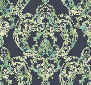 Roxen Damask Navy, Off-White, and Mint by Seabrook Wallpaper