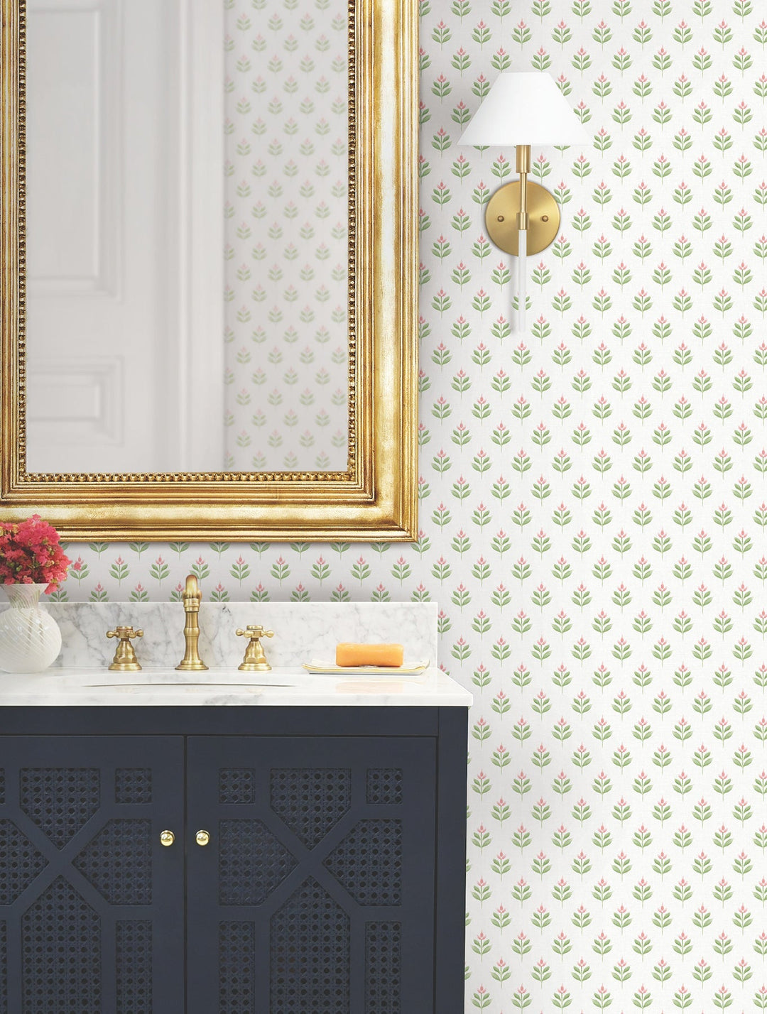 Serene Villa Pink Floral Stamp Wallpaper by Antonina Vella Designer