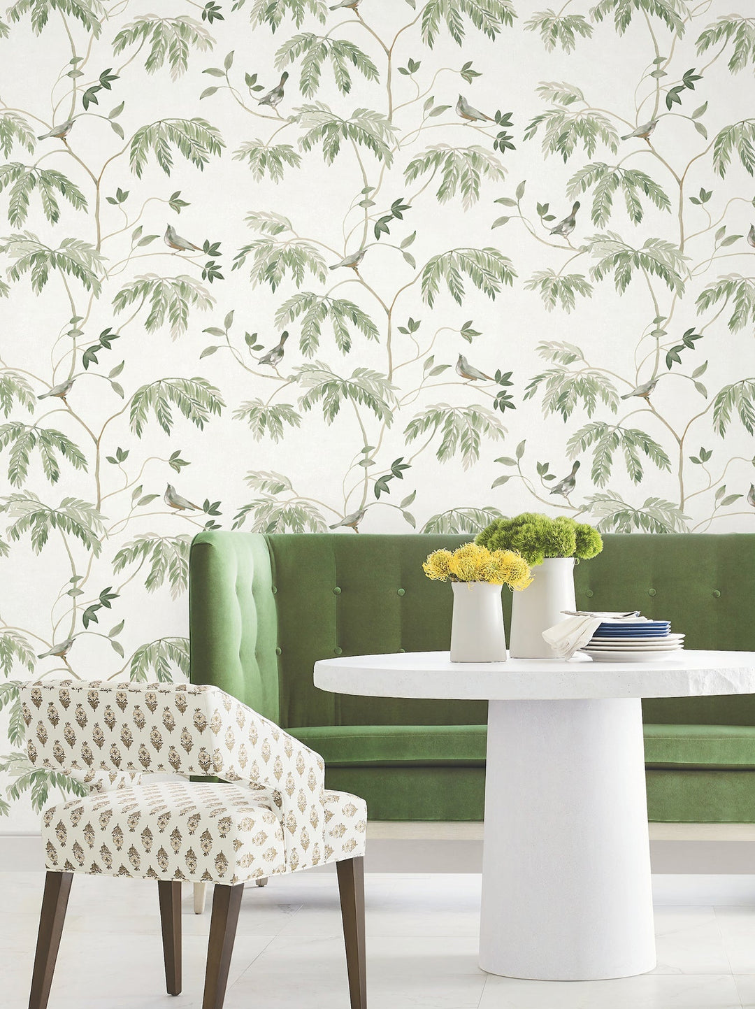 Cillian Dark Green Botanical Bird Trail Wallpaper by Antonina Vella Designer
