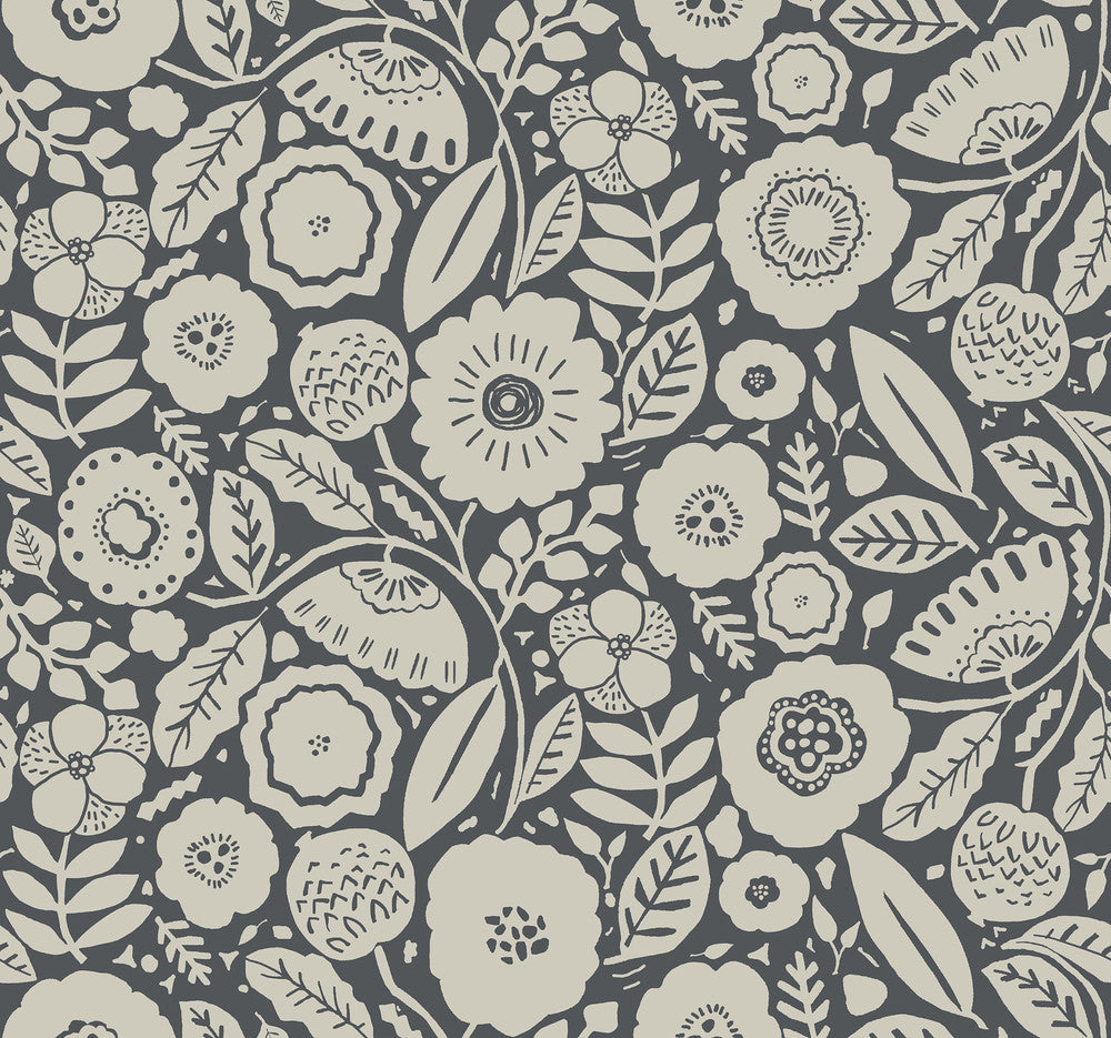 Camille Blossom Charcoal Wallpaper by Lemieux et Cie Lemieux et Cie Signature Covers about 60.8 square feet 27-in by 27-ft long roll Unpasted 25.25 - Fabric Carolina -