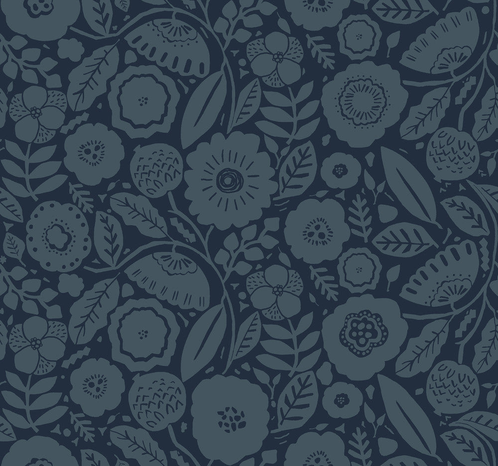 Camille Blossom Indigo Wallpaper by Lemieux et Cie Lemieux et Cie Signature Covers about 60.8 square feet 27-in by 27-ft long roll Unpasted 25.25 - Fabric Carolina -