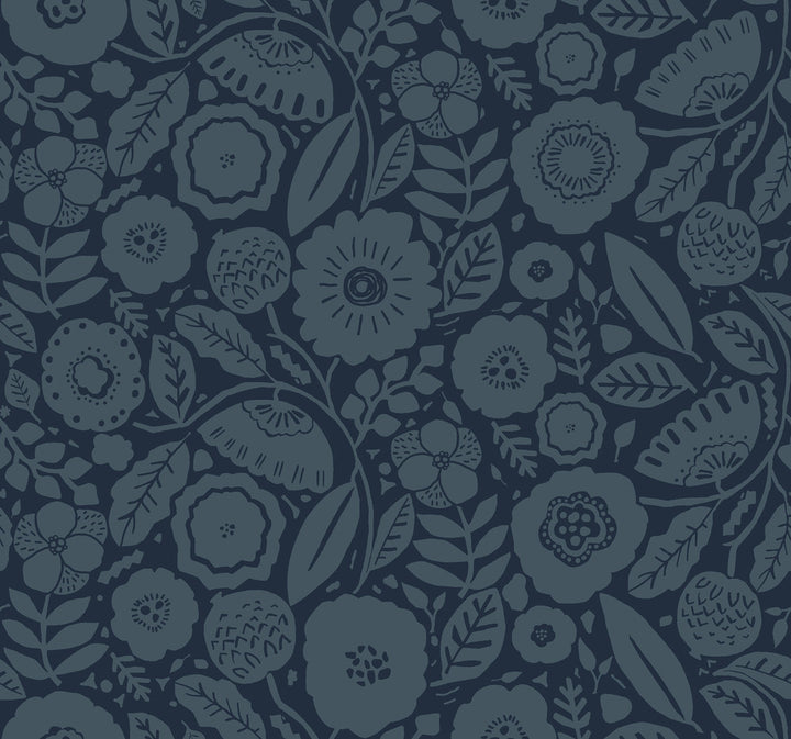 Camille Blossom Indigo Wallpaper by Lemieux et Cie Lemieux et Cie Signature Covers about 60.8 square feet 27-in by 27-ft long roll Unpasted 25.25 - Fabric Carolina -