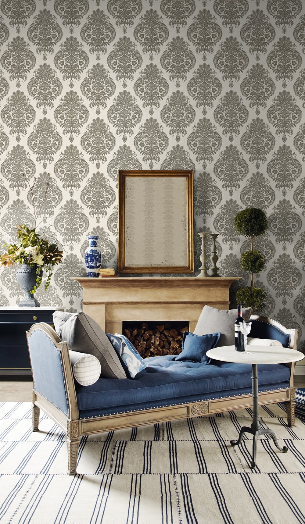 Antigua Damask Charcoal and Ivory LN10400 by Lillian August Designer Wallpaper