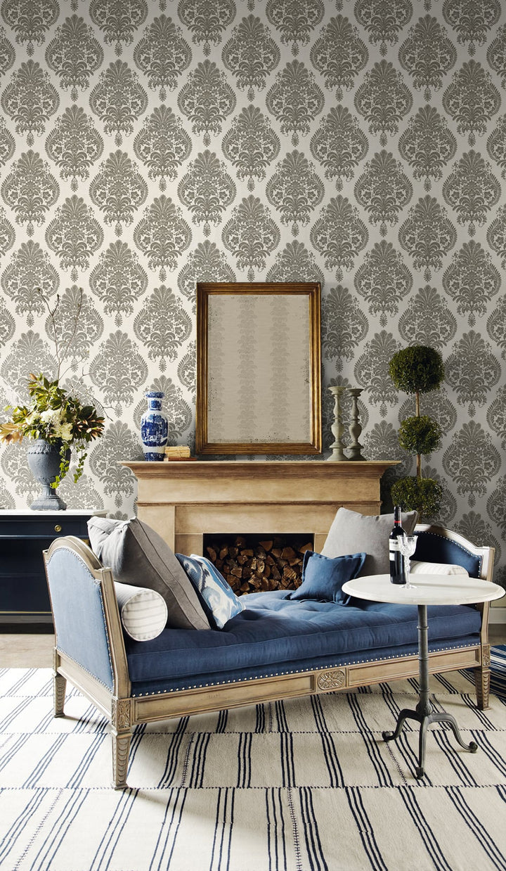 Antigua Damask Charcoal and Ivory LN10400 by Lillian August Designer Wallpaper