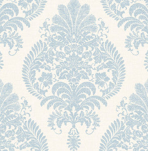 Antigua Damask Blue Frost and Bone White by Seabrook Wallpaper