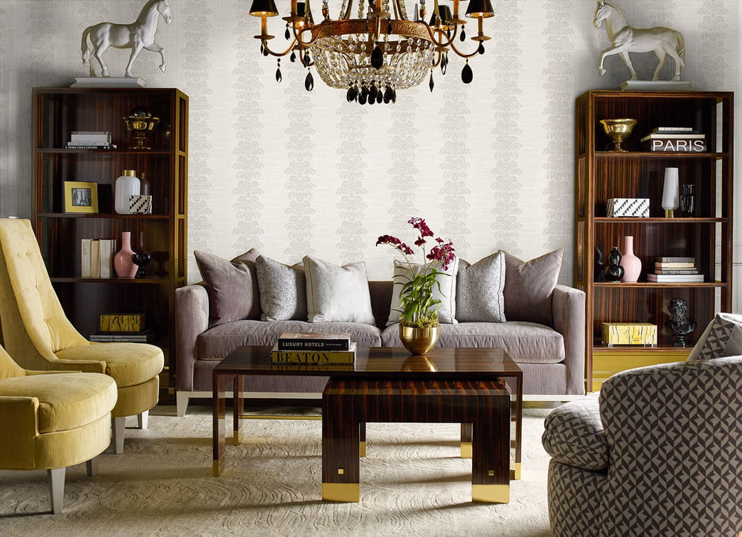 Palm Frond Stripe Stringcloth Cove Gray and Alabaster LN10508 by Lillian August Designer Wallpaper
