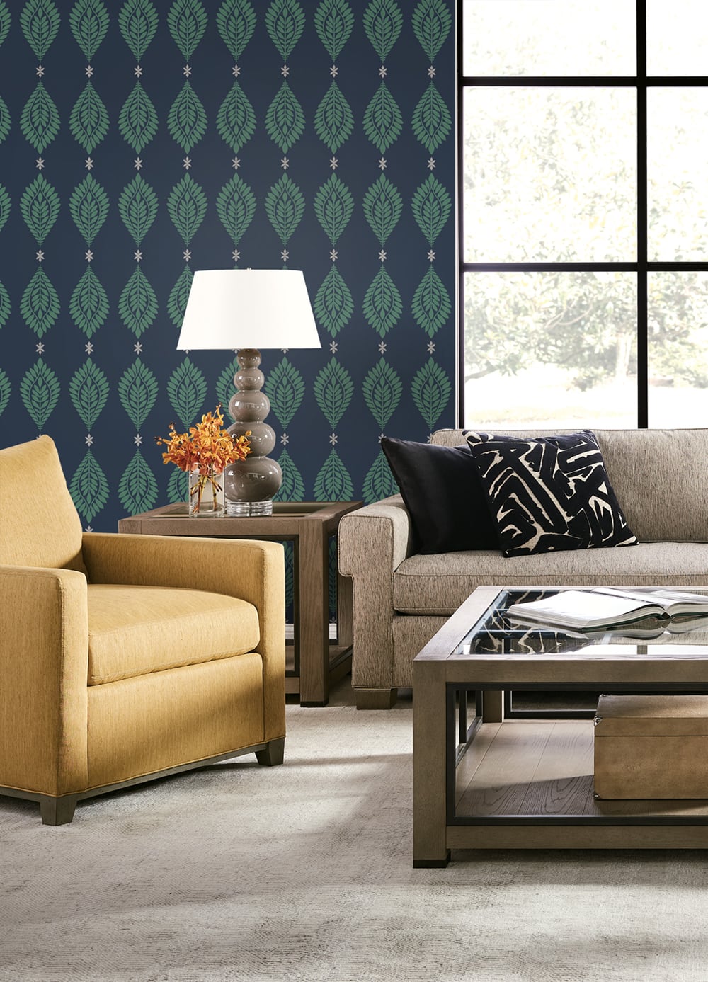 Mirasol Palm Frond Midnight Blue and Spearmint LN10612 by Lillian August Designer Wallpaper