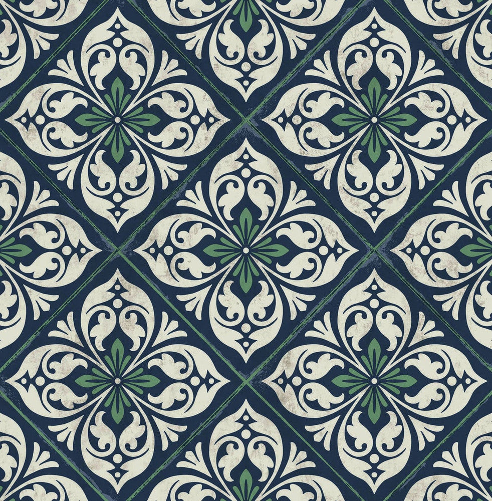 Plumosa Tile Midnight Blue and Spearmint by Seabrook Wallpaper Luxe Retreat United States 56.05 10.43" 20.5" - Fabric Carolina -