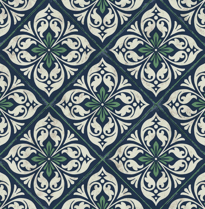 Plumosa Tile Midnight Blue and Spearmint by Seabrook Wallpaper Luxe Retreat United States 56.05 10.43" 20.5" - Fabric Carolina -