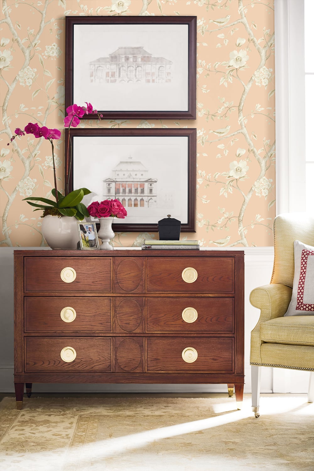 Southport Floral Trail Soft Melon and Arrowroot LN11111 by Lillian August Designer Wallpaper
