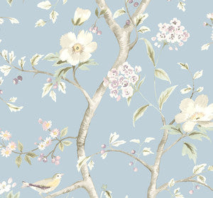 Southport Floral Trail Sky Blue and Arrowroot by Seabrook Wallpaper