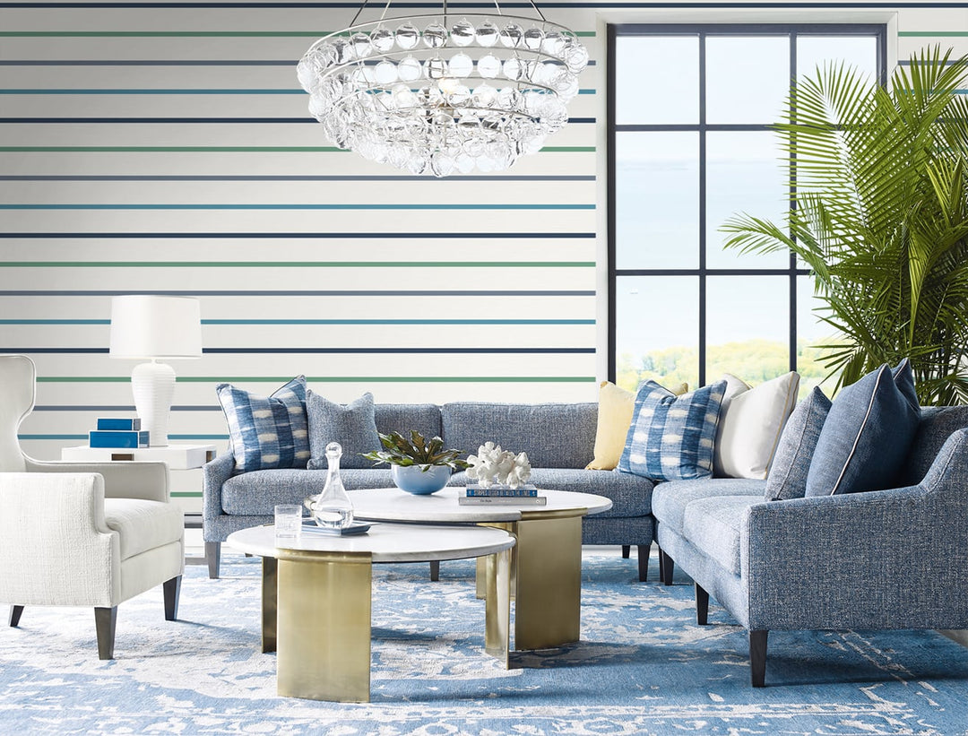 Crew Stripe Midnight Blue, Spearmint, and Eggshell LN11412 by Lillian August Designer Wallpaper
