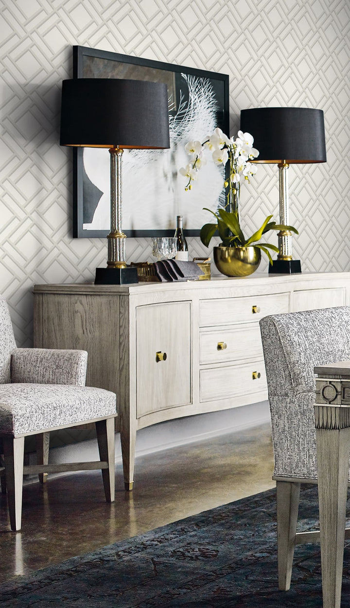 Block Trellis Metallic Silver and Eggshell LN11500 by Lillian August Designer Wallpaper