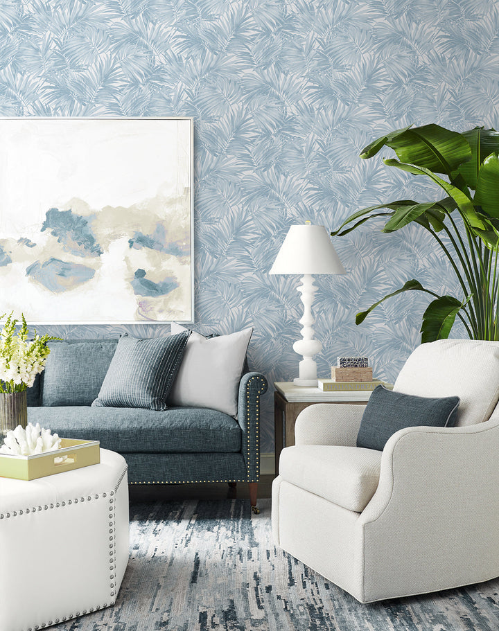 Cordelia Tossed Palms Blue Shale LN40702 by Lillian August Designer Wallpaper
