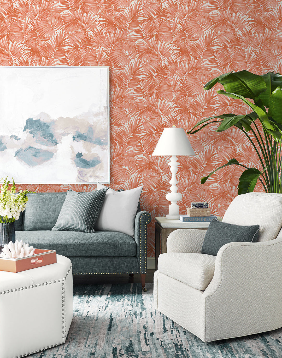 Cordelia Tossed Palms Coral LN40706 by Lillian August Designer Wallpaper