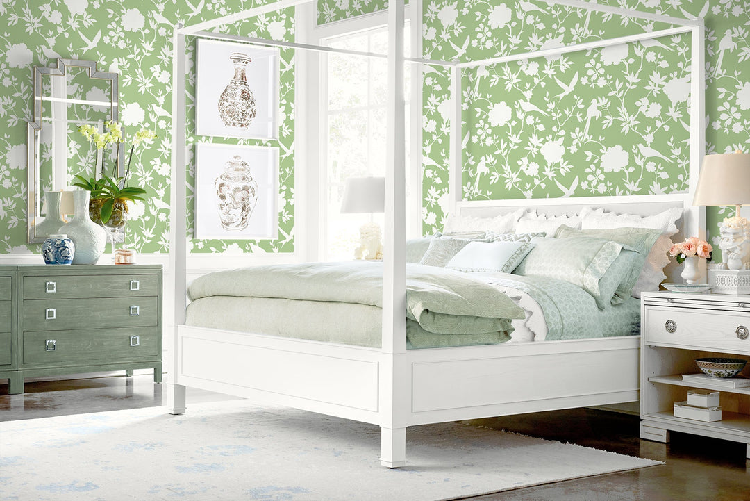 Kauai Bird Toile Seacrest Green LN40904 by Lillian August Designer Wallpaper