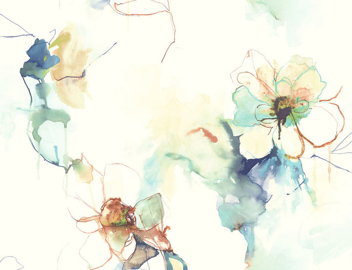 Anemone Watercolor Floral Turquoise and Persimmon by Seabrook Wallpaper Living with Art United States 60.53 20.87" 27" - Fabric Carolina -
