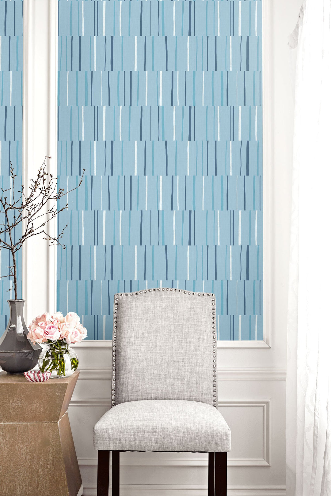 Block Lines Bluebird, Navy, and Glacier White LW51212 by Seabrook Designs Designer Wallpaper