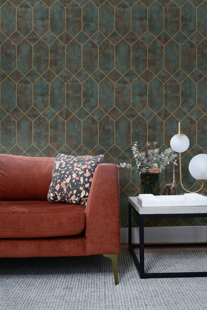 Geo Faux Rust, Forest Green, and Metallic Gold LW51606 by Seabrook Designs Designer Wallpaper