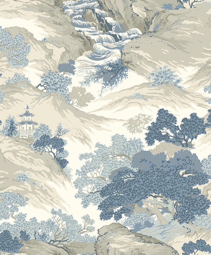 Ordos Blue Eastern Toile Wallpaper by Crown CWV Covers about 56.4 square feet 20.5-in by 33-ft long roll Unpasted 25.2 - Fabric Carolina -