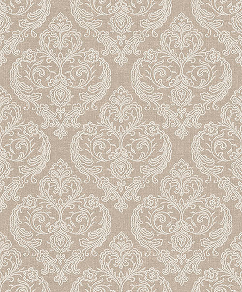 Ida Beige Damask Wallpaper by Crown CWV Covers about 56.4 square feet 20.5-in by 33-ft long roll Unpasted 25.2 - Fabric Carolina -