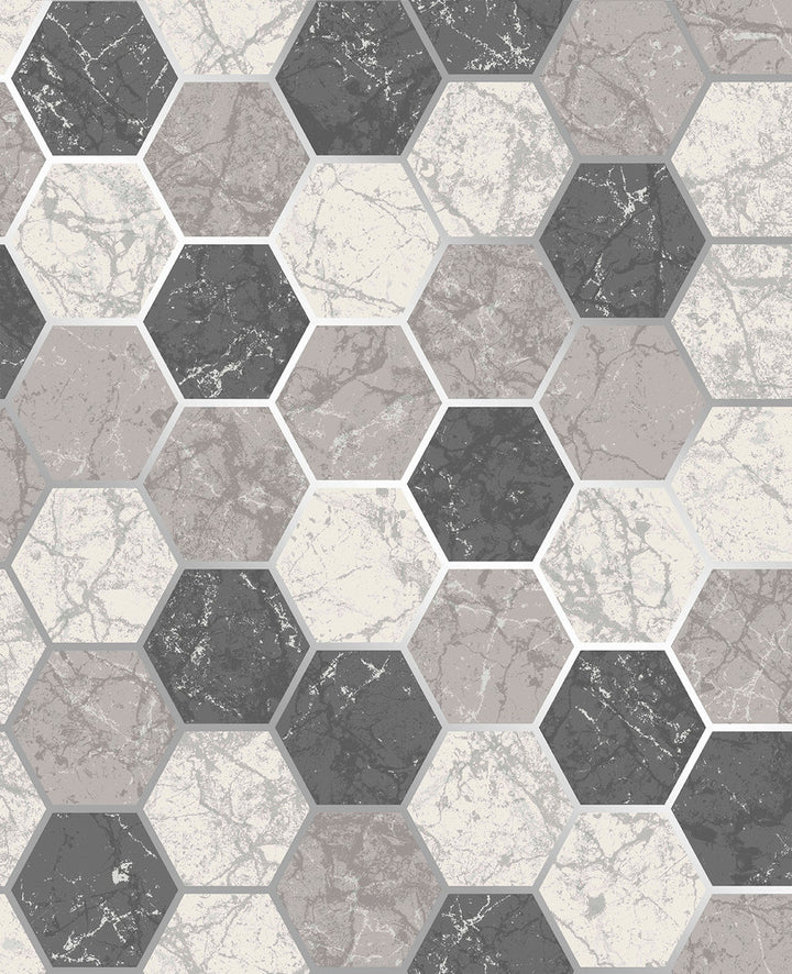 Margaret Charcoal Marble Hexagon Wallpaper by Crown CWV Covers about 56.4 square feet 20.5-in by 33-ft long roll Unpasted 25.2 - Fabric Carolina -