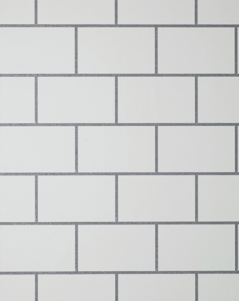 Metro Silver Tile Wallpaper by Fine Decor Medley Covers about 56.4 square feet Great Britain Unpasted 25.2-in repeat, straight match 20.5-in by 33-ft long roll - Fabric Carolina -