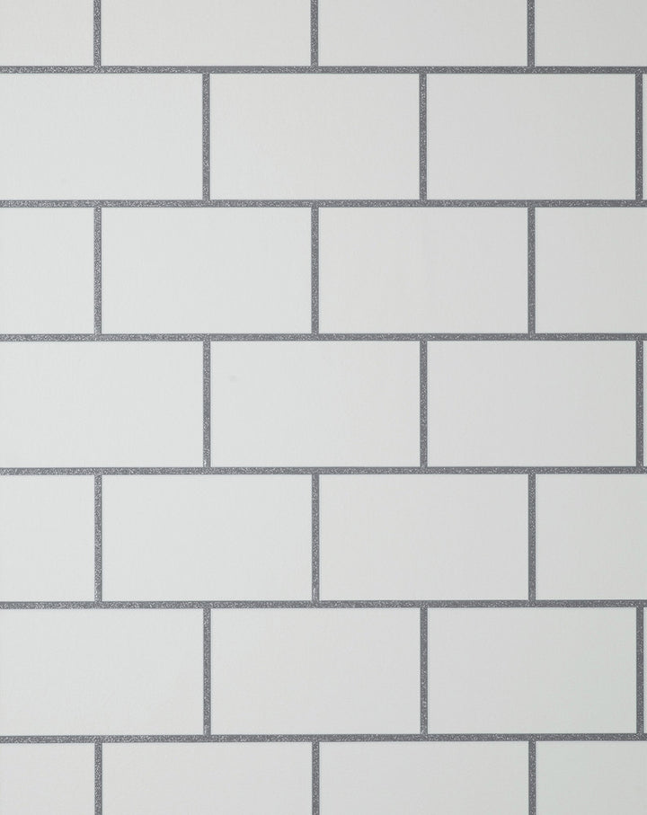 Metro Silver Tile Wallpaper by Fine Decor Medley Covers about 56.4 square feet Great Britain Unpasted 25.2-in repeat, straight match 20.5-in by 33-ft long roll - Fabric Carolina -