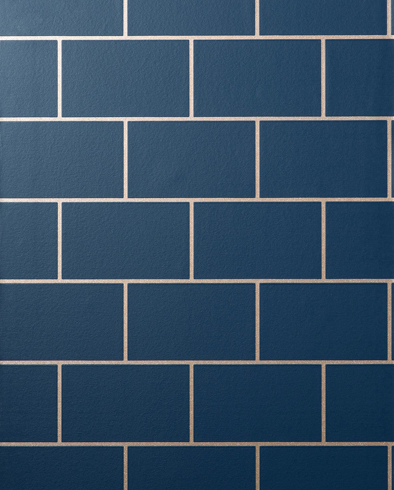 Metro Navy Tile Wallpaper by Fine Decor Medley Covers about 56.4 square feet Great Britain Unpasted 25.2-in repeat, straight match 20.5-in by 33-ft long roll - Fabric Carolina -