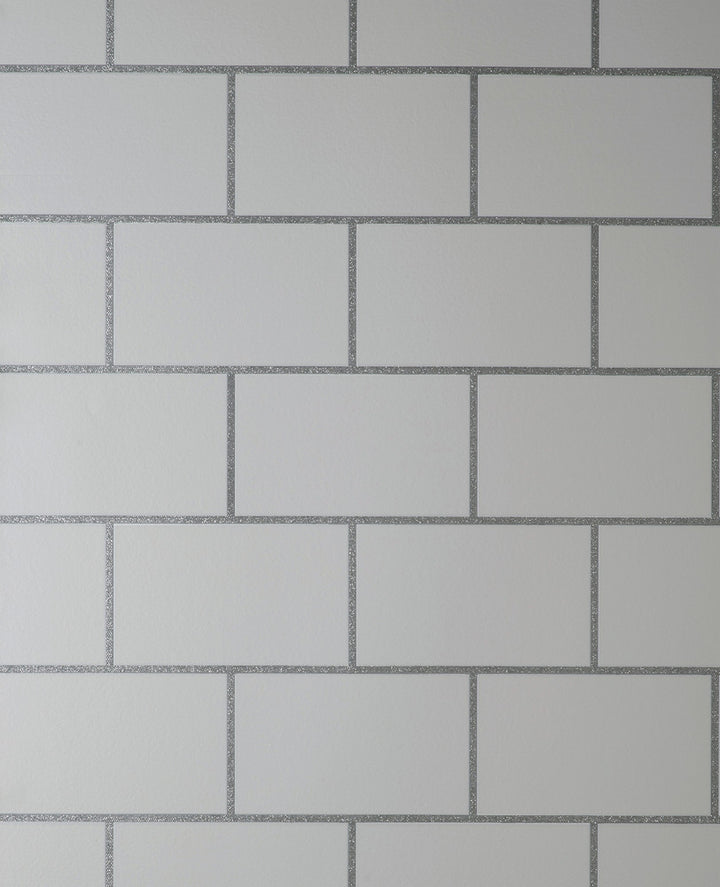 Metro White Tile Wallpaper by Fine Decor Medley Covers about 56.4 square feet Great Britain Unpasted 25.2-in repeat, straight match 20.5-in by 33-ft long roll - Fabric Carolina -