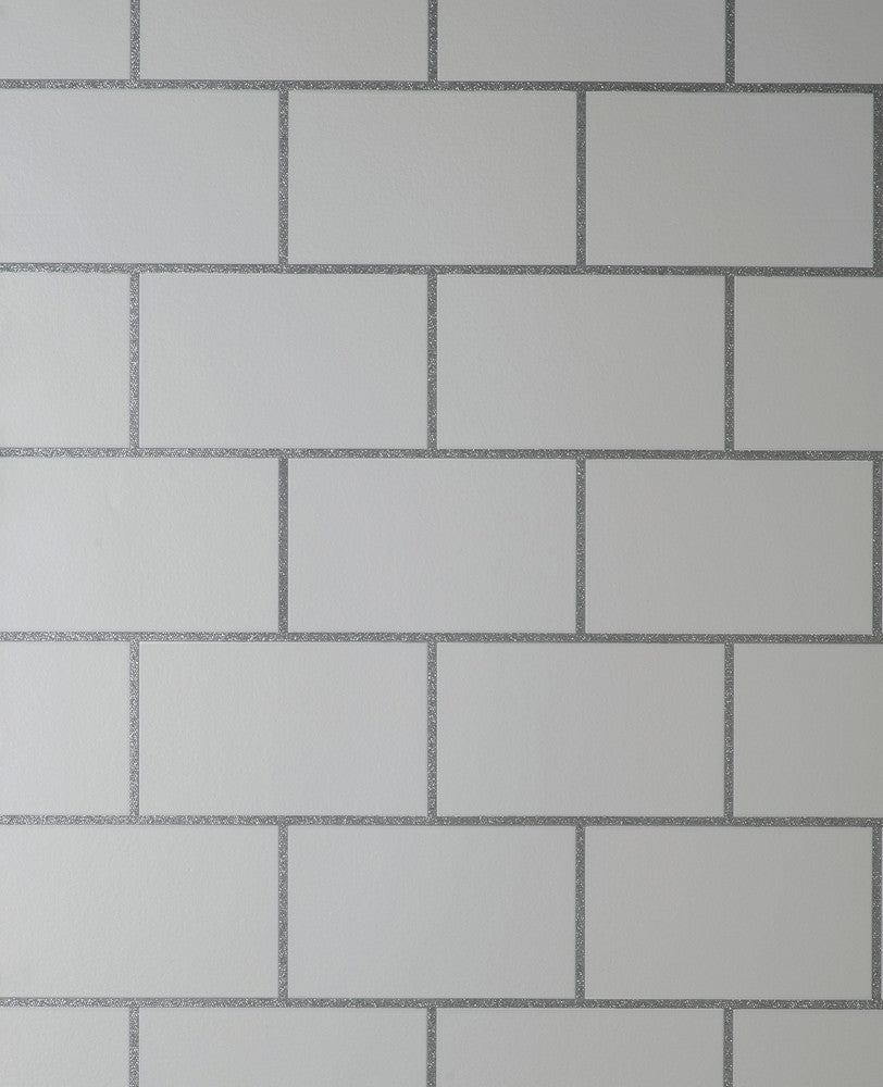 Metro White Tile Wallpaper by Fine Decor Medley Covers about 56.4 square feet Great Britain Unpasted 25.2-in repeat, straight match 20.5-in by 33-ft long roll - Fabric Carolina -