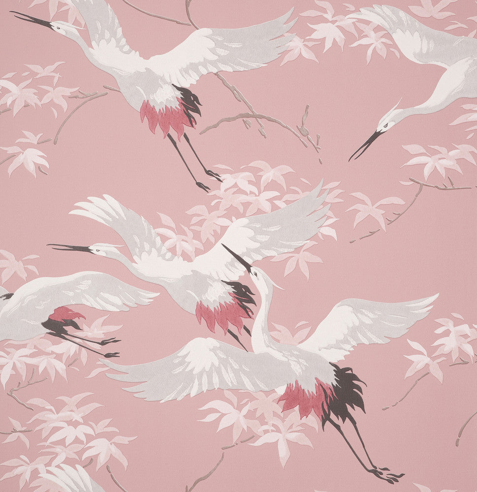 Saura Pink Cranes Wallpaper by Fine Decor Medley Covers about 56.4 square feet Great Britain Unpasted 20.9-in repeat, drop match 20.5-in by 33-ft long roll - Fabric Carolina -