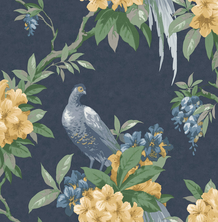 Golden Pheasant Dark Blue Floral Wallpaper by Brewster Archive Collection Covers about 56.4 square feet 20.5-in by 33-ft long roll Unpasted 21 - Fabric Carolina -