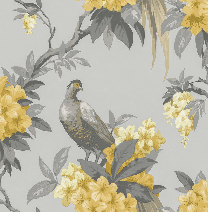 Golden Pheasant Grey Floral Wallpaper by Brewster Archive Collection Covers about 56.4 square feet 20.5-in by 33-ft long roll Unpasted 21 - Fabric Carolina -