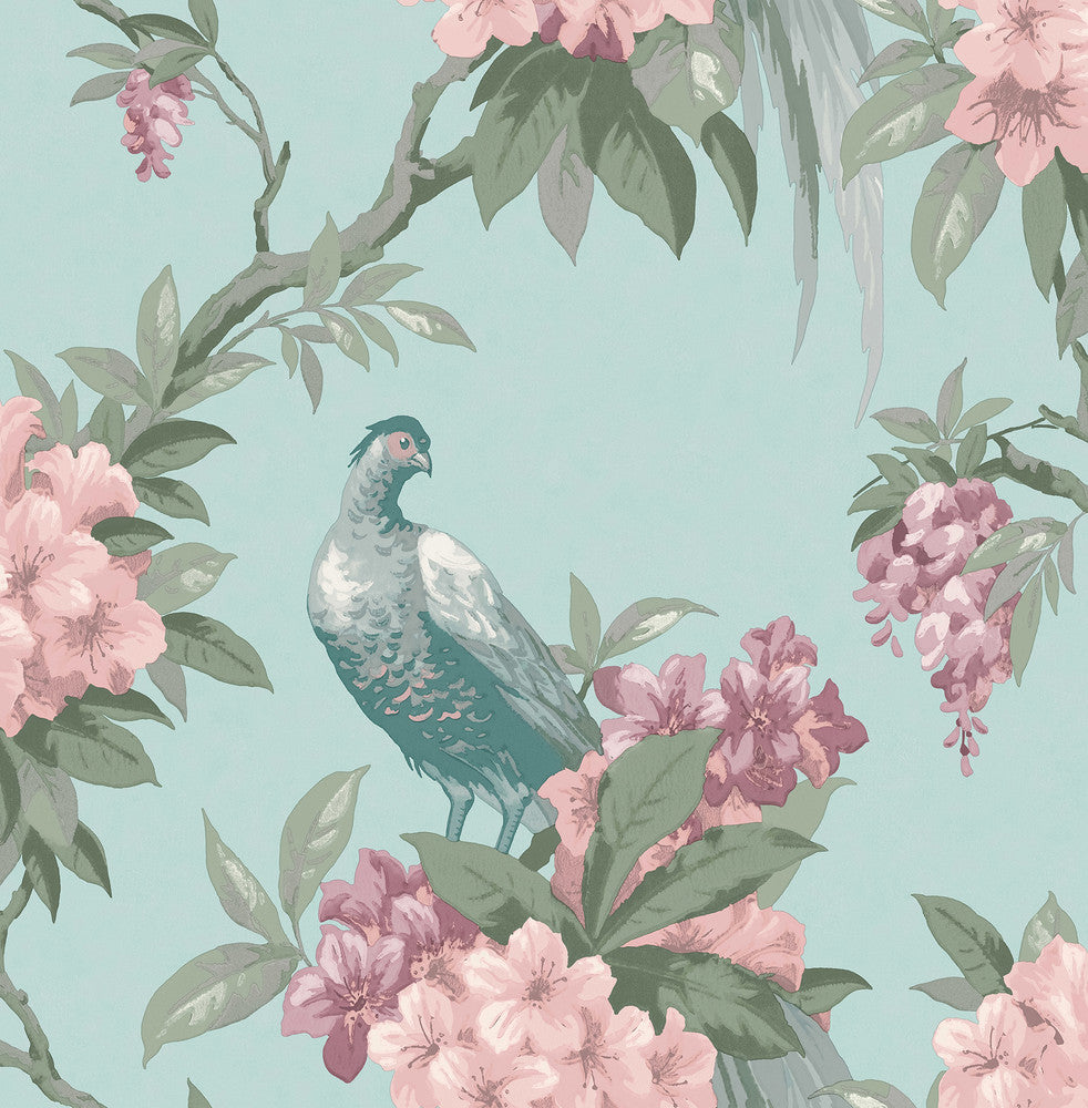 Golden Pheasant Aqua Floral Wallpaper by Brewster Archive Collection Covers about 56.4 square feet 20.5-in by 33-ft long roll Unpasted 21 - Fabric Carolina -