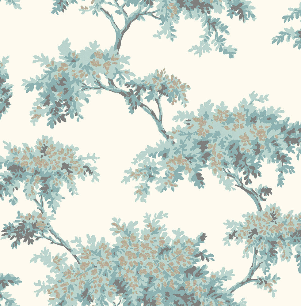 Ashdown Teal Tree Wallpaper by Brewster Archive Collection Covers about 56.4 square feet 20.5-in by 33-ft long roll Unpasted 21 - Fabric Carolina -