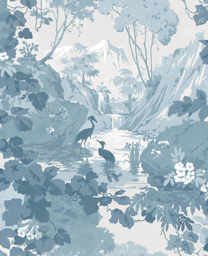 Eden Blue Crane Lagoon Wallpaper by Brewster Archive Collection Covers about 56.4 square feet 20.5-in by 33-ft long roll Unpasted 25.2 - Fabric Carolina -