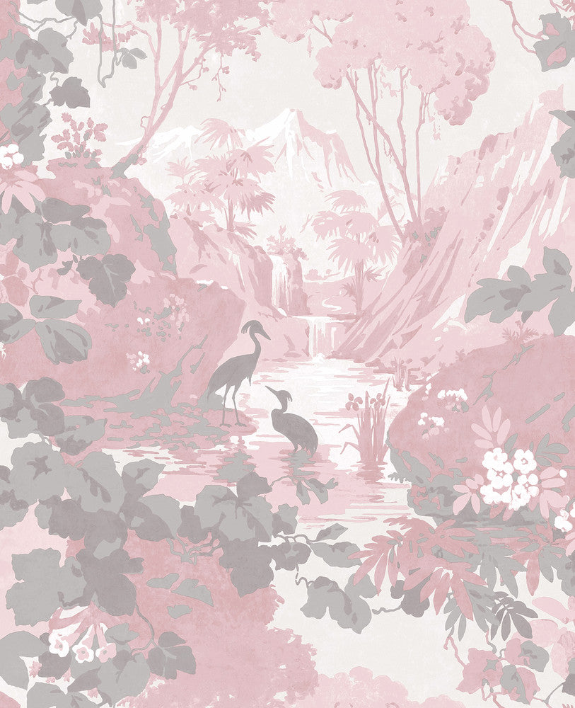 Eden Pink Crane Lagoon Wallpaper by Brewster Archive Collection Covers about 56.4 square feet 20.5-in by 33-ft long roll Unpasted 25.2 - Fabric Carolina -